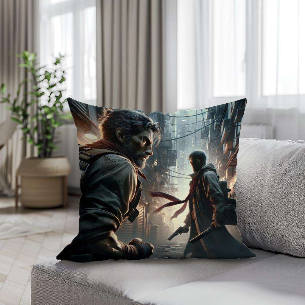 Cotton Cushion featuring dynamic artwork of two characters in a dramatic urban setting