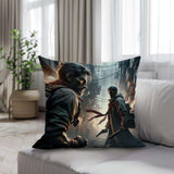 Cotton Cushion featuring dynamic artwork of two characters in a dramatic urban setting