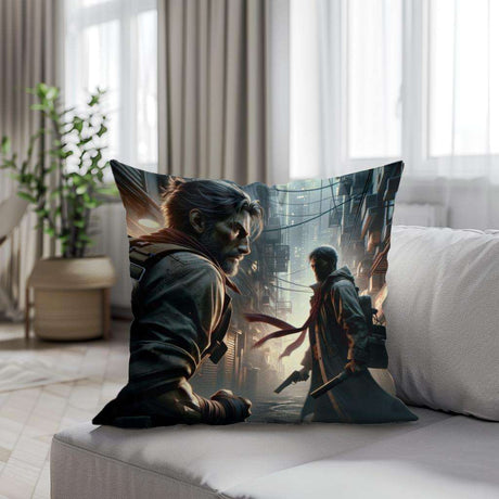 Cotton Cushion featuring dynamic artwork of two characters in a dramatic urban setting