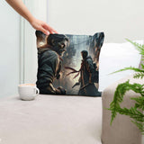Cotton Cushion featuring a striking design of two characters in an urban setting for stylish home decor