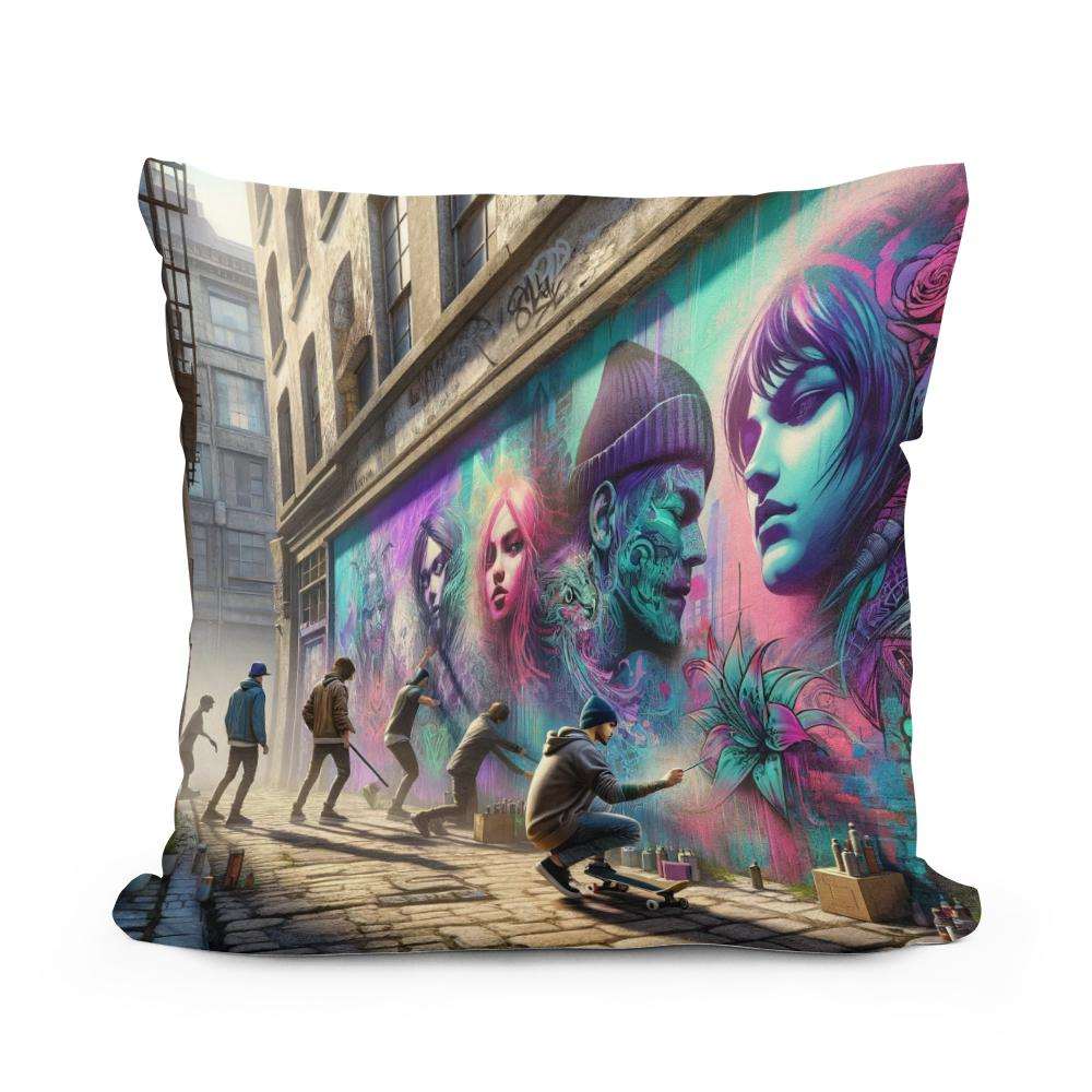 Colourful Cotton Cushion featuring street art designs with vibrant characters and urban scene