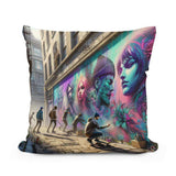 Colourful Cotton Cushion featuring street art designs with vibrant characters and urban scene