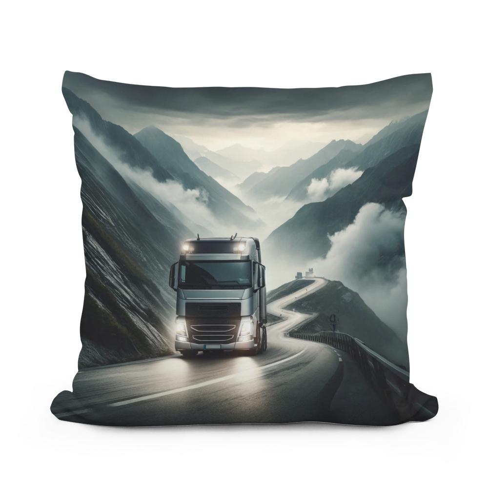 Cotton Cushion featuring a scenic design of a lorry driving on a winding mountain road