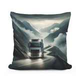 Cotton Cushion featuring a scenic design of a lorry driving on a winding mountain road