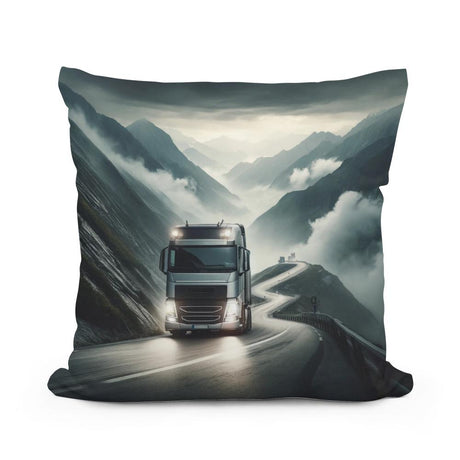 Cotton Cushion featuring a scenic design of a lorry driving on a winding mountain road