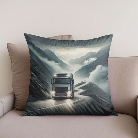 Cotton Cushion featuring a scenic design of a truck on a winding mountain road
