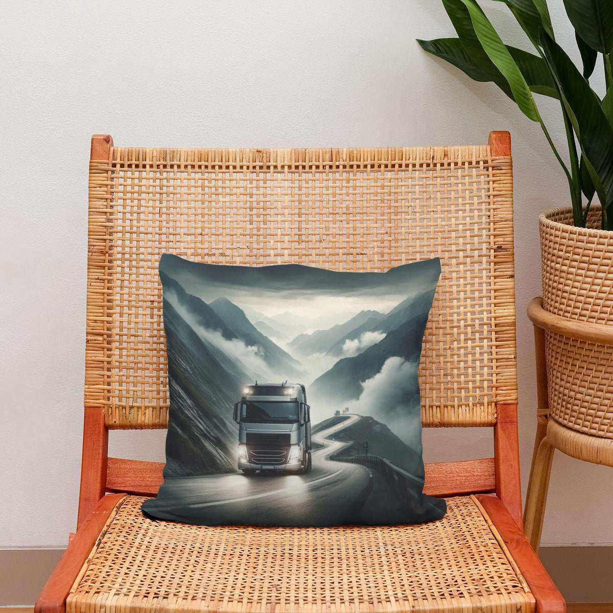 Cotton Cushion featuring a scenic truck design set against a mountain backdrop for home decor
