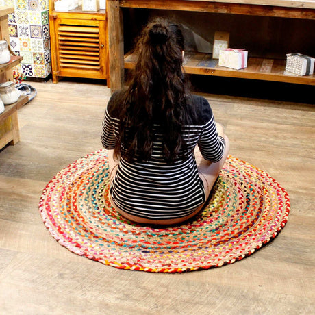 Round Jute and Recycled Cotton Rug - 120 cm AW-Dropship