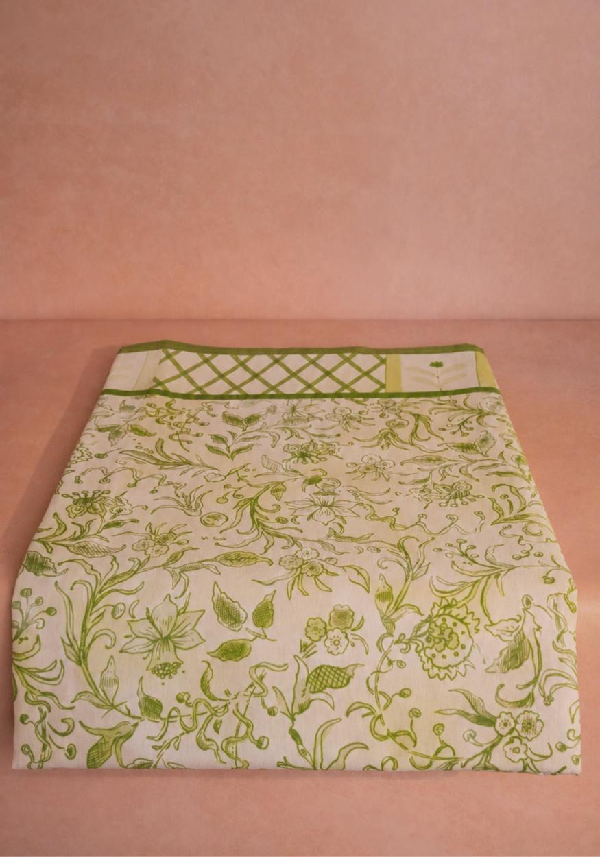 Casa by Josephine Jenno Cotton Tablecloth Featuring Floral Patterns in Green and Cream