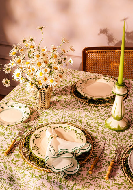 Casa by Josephine Jenno Cotton Tablecloth featuring floral print with elegant dining setup