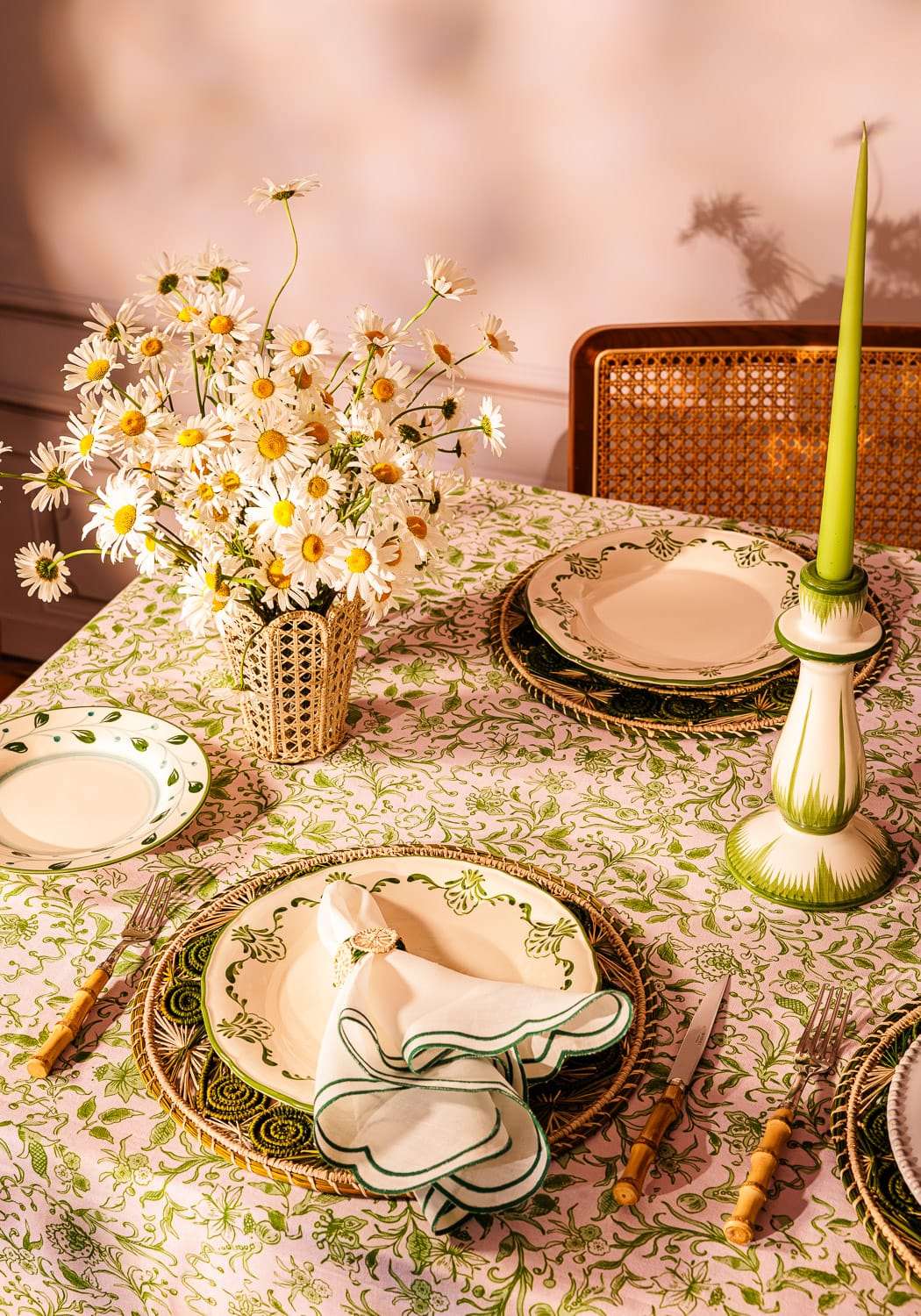 Casa by Josephine Jenno Cotton Tablecloth featuring floral print with elegant dining setup