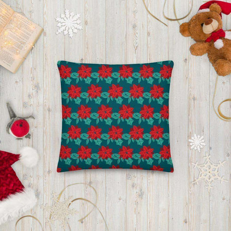 Christmas Couch Cushion - Holly Design on Blue Background 18″×18″ Shades 4 Seasons