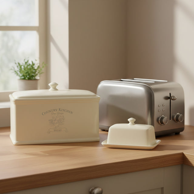 Orsina Cream Bread Crock with Classic Design Next to a Silver Toaster on Kitchen Counter