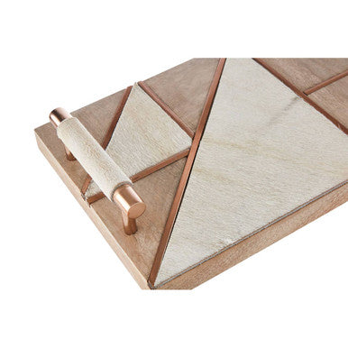 Orsina Cowhide And Wood Tray with Geometric Design and Copper Handles for Stylish Serving