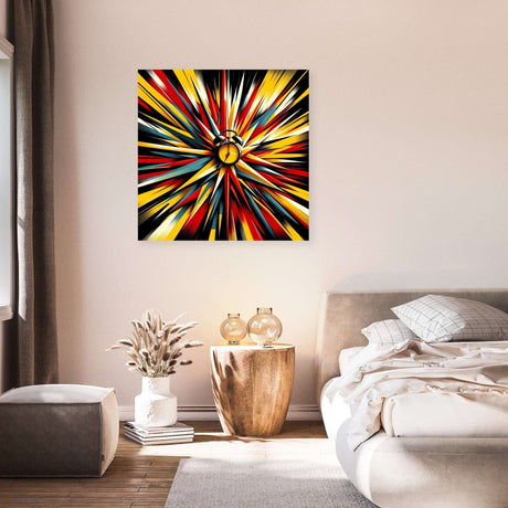 Vibrant wall art canvas featuring abstract explosion of colours in a modern bedroom setting