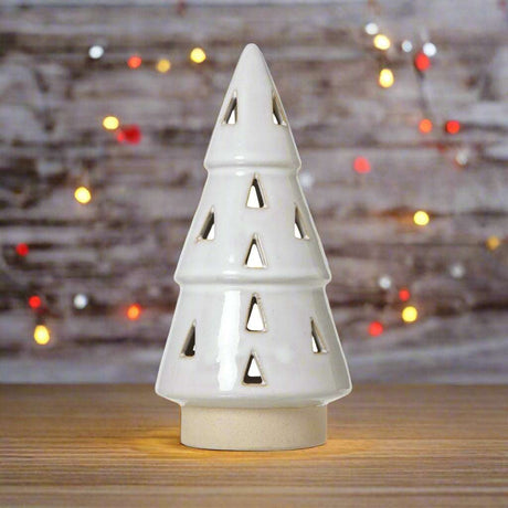 Medium White Ceramic Cut-Out Tree With LED Lights WHITE CERAMIC Shades 4 Seasons