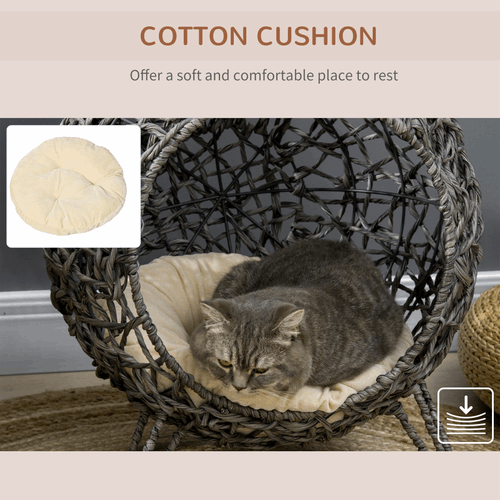 Elevated Rattan Cat House Kitten Basket Pet Bed With Cushion - Silver-Tone, Grey PawHut