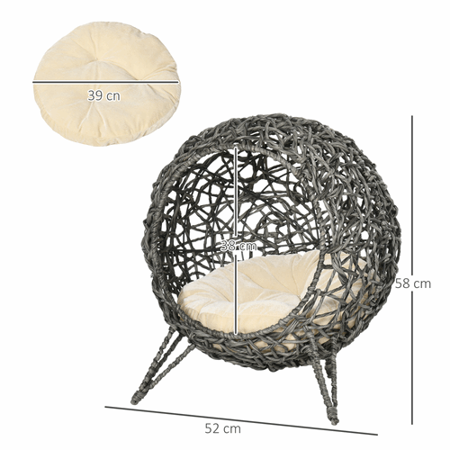 Elevated Rattan Cat House Kitten Basket Pet Bed With Cushion - Silver-Tone, Grey PawHut
