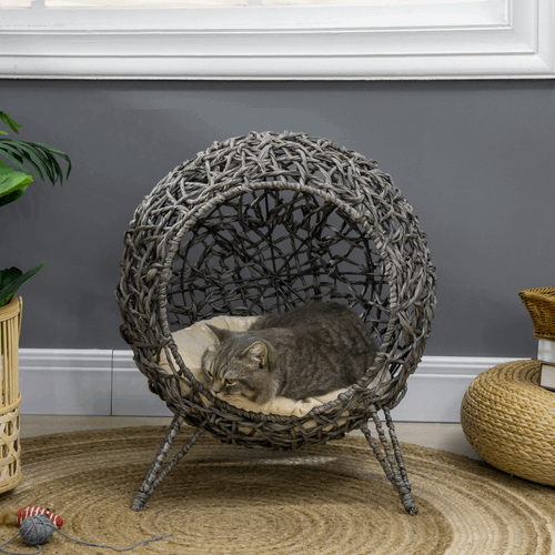 Elevated Rattan Cat House Kitten Basket Pet Bed With Cushion - Silver-Tone, Grey PawHut