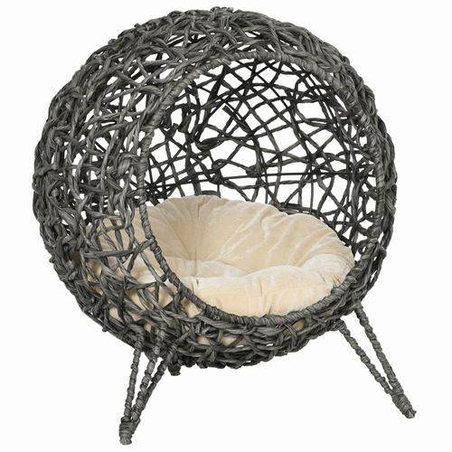 Elevated Rattan Cat House Kitten Basket Pet Bed With Cushion - Silver-Tone, Grey PawHut