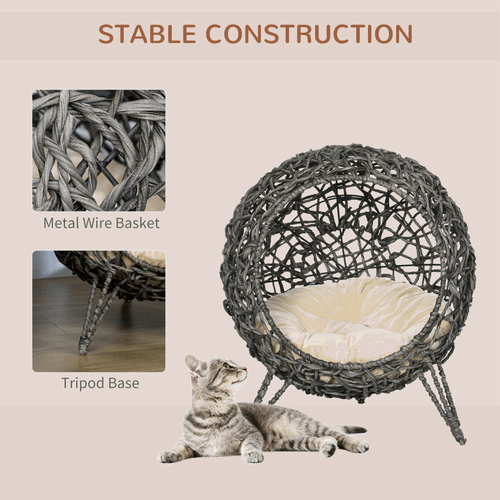Elevated Rattan Cat House Kitten Basket Pet Bed With Cushion - Silver-Tone, Grey PawHut