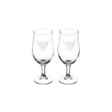Set of two Selbrae House craft beer glasses featuring an intricate etched Highland cow design