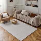 Stylish cream rug placed in a modern living room with a patterned sofa and minimal decor