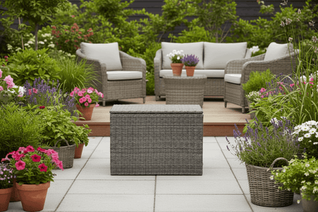 MINT Outdoor Cushion Box in stylish grey, designed for garden storage and decor with colourful flowers around