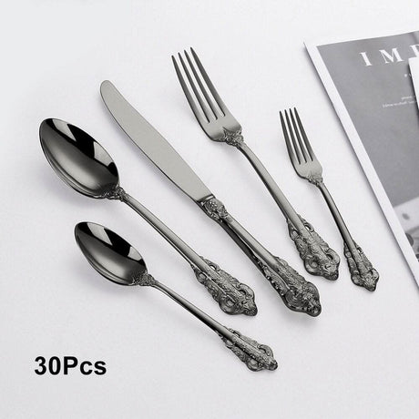 Kitchen Essentials Elegant Cutlery Set for Dining 30pcs Black A Kitchen Essentials