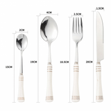 KitchBoom Cutlery Set featuring a spoon, fork, knife, and dessert spoon with elegant design and dimensions