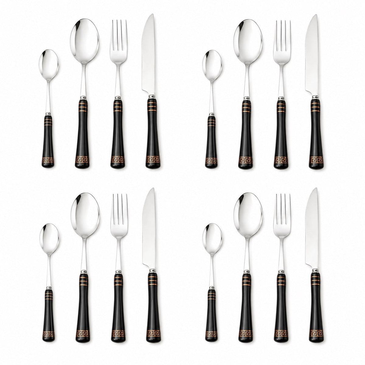KitchBoom Cutlery Set featuring polished stainless steel pieces with elegant black handles