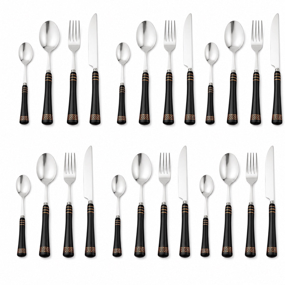 KitchBoom Cutlery Set featuring black handles and stainless steel utensils for dining occasions