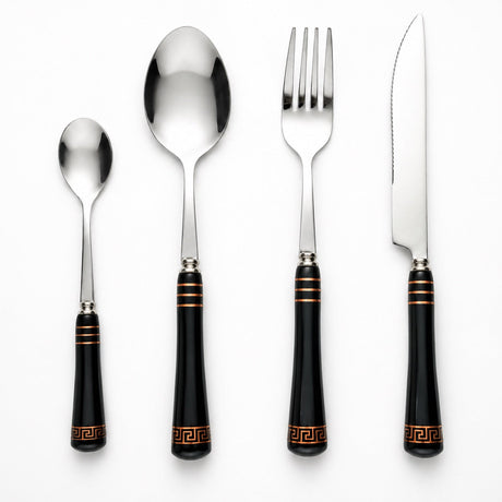 Elegant KitchBoom Cutlery Set featuring black handles with gold accents for stylish dining