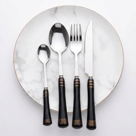 KitchBoom Elegant Cutlery Set with Black Handles on a Marble Plate for Dining Excellence