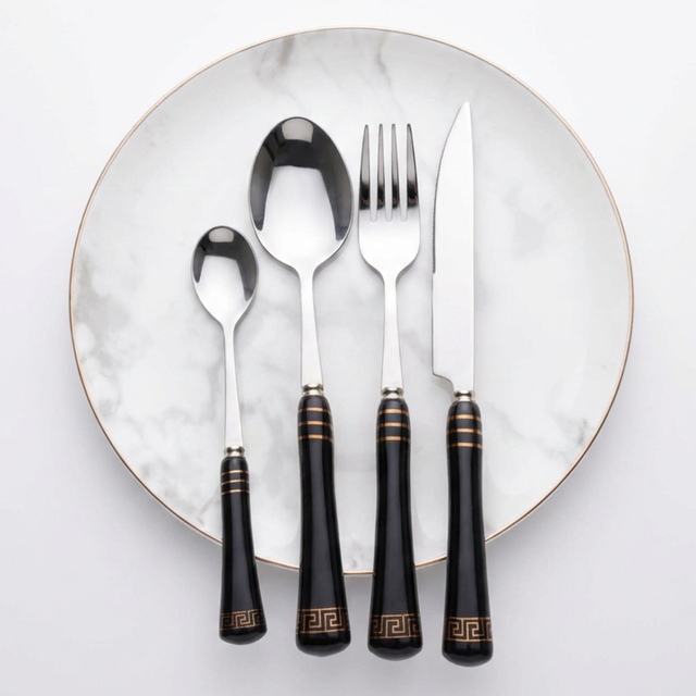 KitchBoom Elegant Cutlery Set with Black Handles on a Marble Plate for Dining Excellence