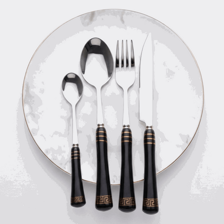 KitchBoom Elegant Cutlery Set with Black Handles on a Marble Plate for Dining Excellence