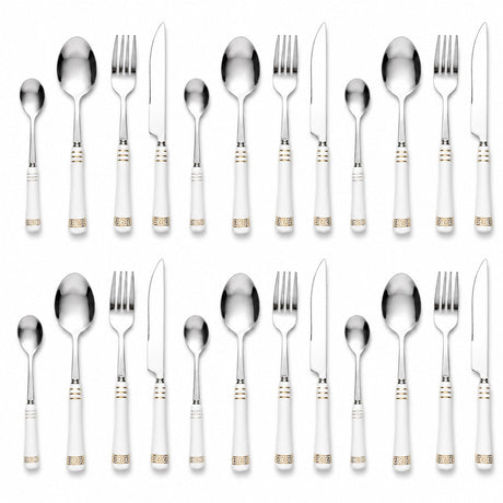 KitchBoom Cutlery Set featuring stainless steel utensils with elegant white handles and gold accents