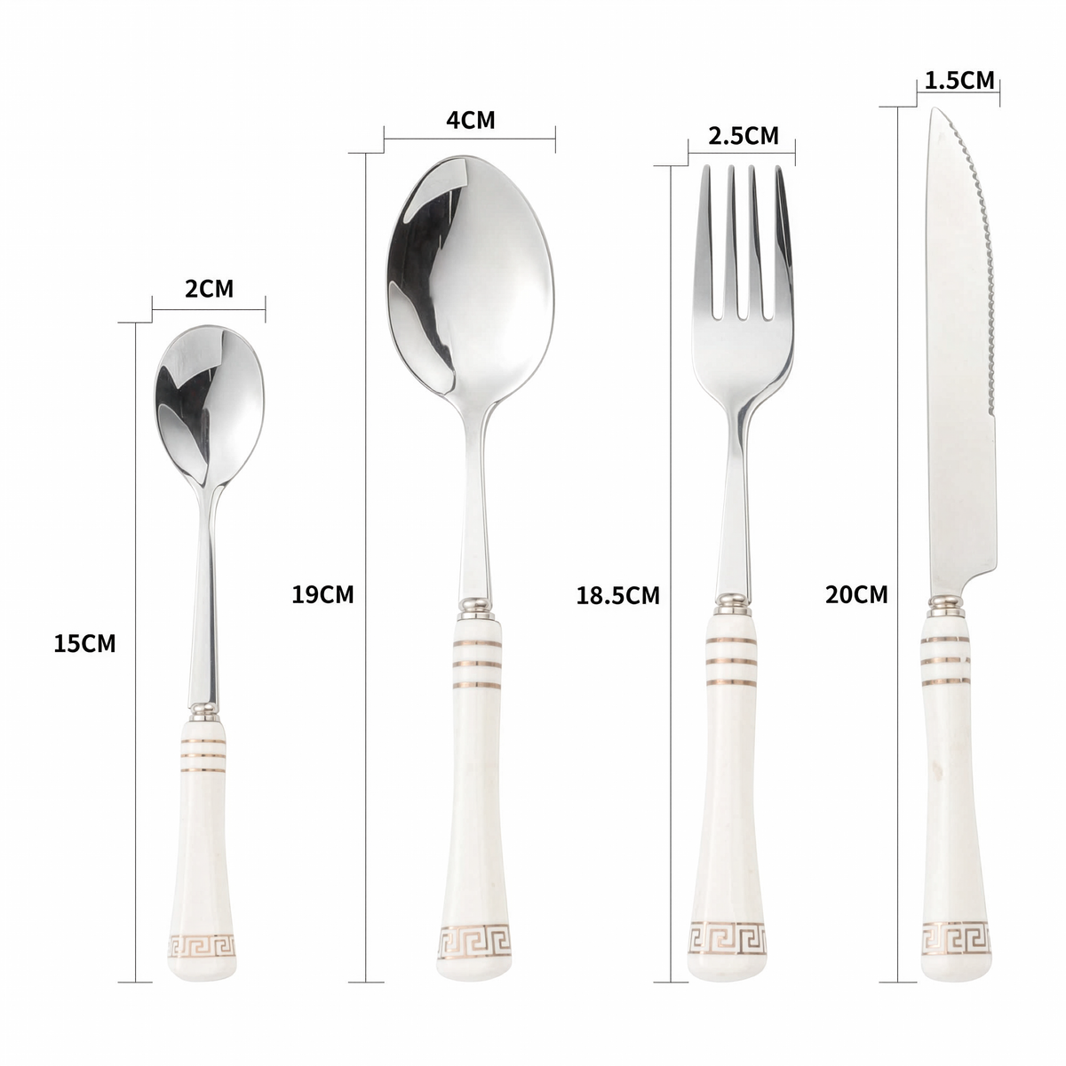 KitchBoom Cutlery Set featuring stainless steel spoon, fork, knife, and dessert spoon with elegant handles