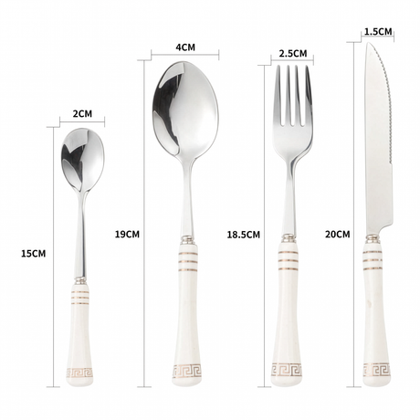 KitchBoom Cutlery Set featuring stainless steel spoon, fork, knife, and dessert spoon with elegant handles
