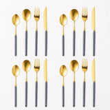 KitchBoom Cutlery Set in gold and grey, featuring forks, spoons, and knives for elegant dining