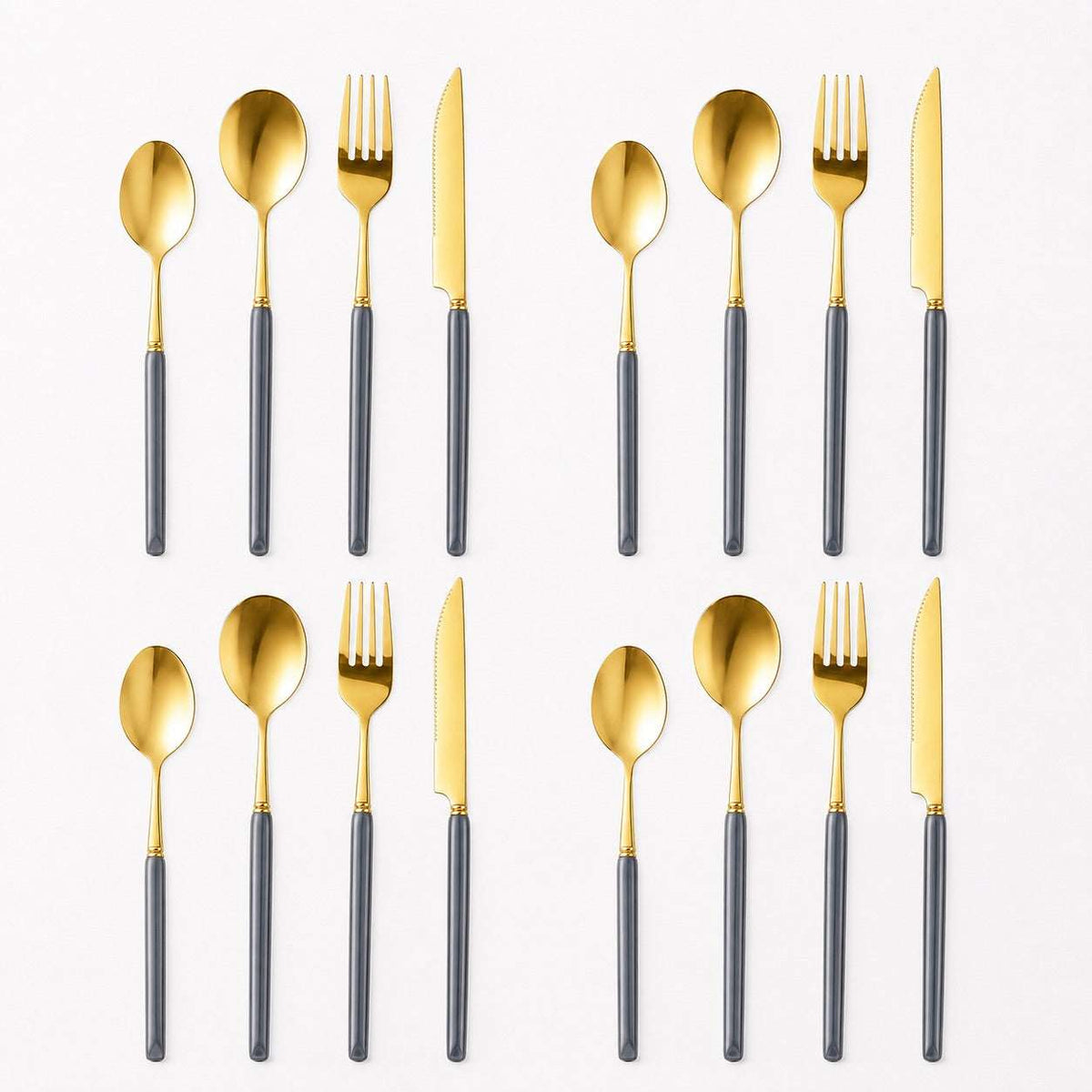KitchBoom Cutlery Set in gold and grey, featuring forks, spoons, and knives for elegant dining