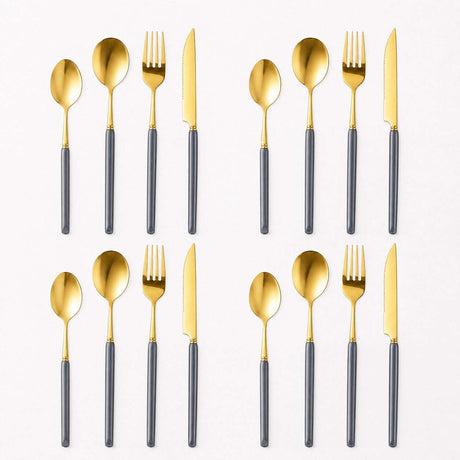 KitchBoom Cutlery Set in gold and grey, featuring forks, spoons, and knives for elegant dining