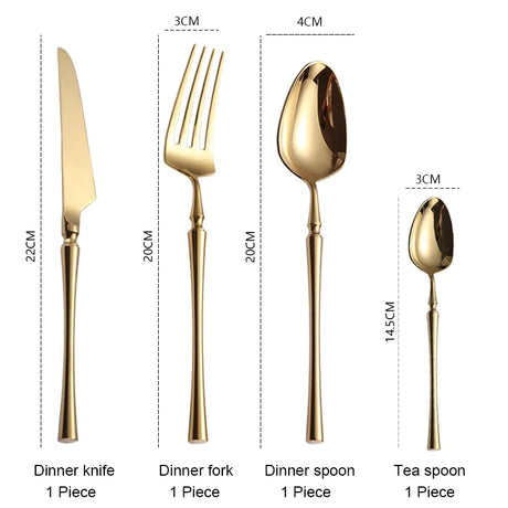 Nisu Home Cutlery Set featuring a gold dinner knife, fork, spoon, and tea spoon with elegant design