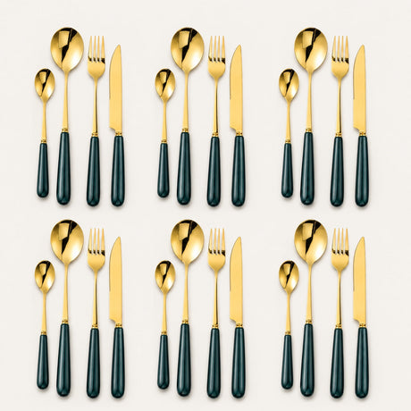 KitchBoom Cutlery Set in gold and black, featuring forks, knives, and spoons for elegant dining