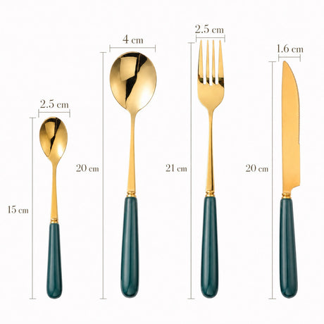 KitchBoom Cutlery Set featuring elegant gold utensils with teal handles, includes spoon, fork, knife, and dessert spoon