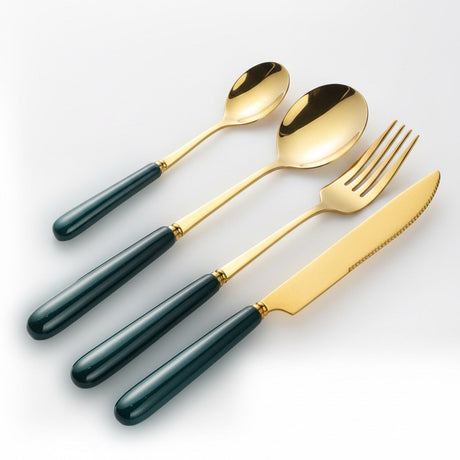 KitchBoom elegant gold Cutlery Set with green handle, perfect for dining and special occasions