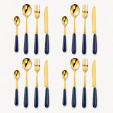 KitchBoom Cutlery Set in gold and navy, featuring forks, knives, and spoons for elegant dining