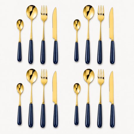 KitchBoom Cutlery Set in gold and navy, featuring forks, knives, and spoons for elegant dining
