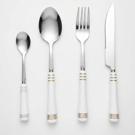 KitchBoom Cutlery Set featuring elegant stainless steel utensils with ornate gold detailing