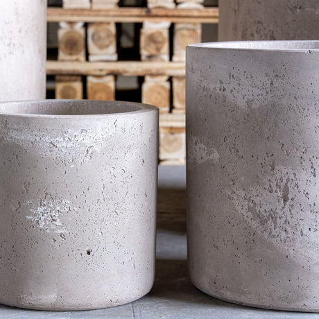 Set of Jobu Home Cylinder Planters in textured grey stone for stylish indoor plant display